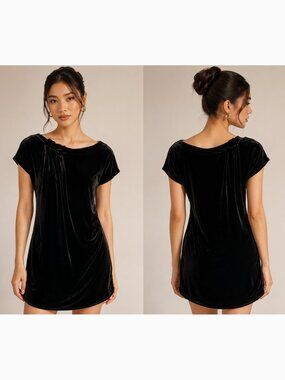 BCBGeneration Velour Ruched Pleated Neckline Mini Dress Womens XS Black Stretch